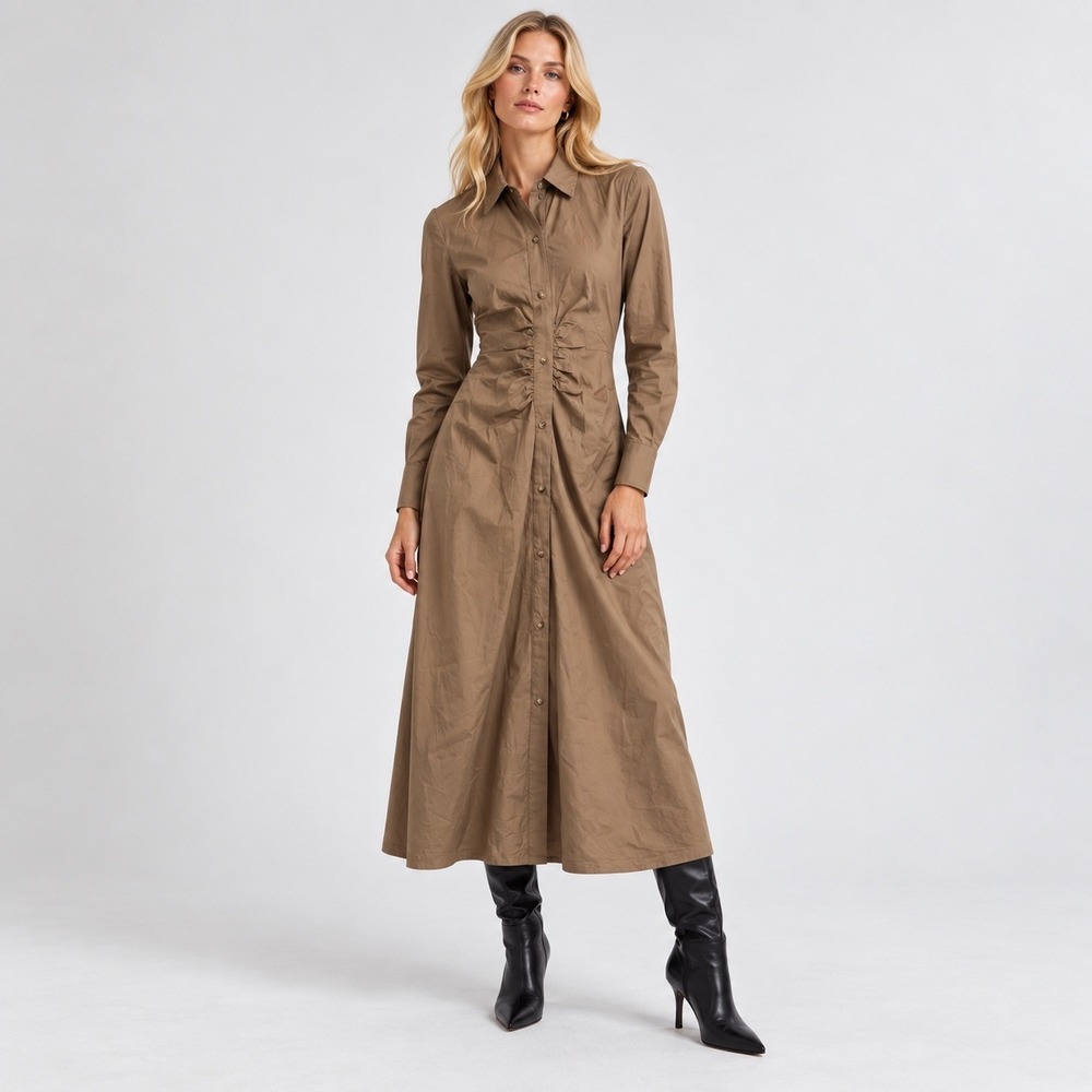 Sim & Sam Ruched Waist Midi Shirt Dress Womens Size S Brown Cotton Minimalist